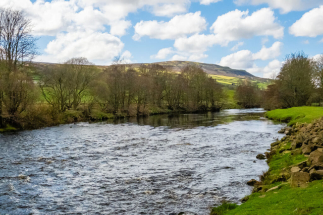 R Swale & High Harker Hill from footpath before Grinton Br