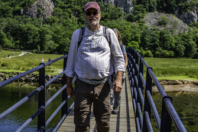 Crossing the footbridge over the R Derwent